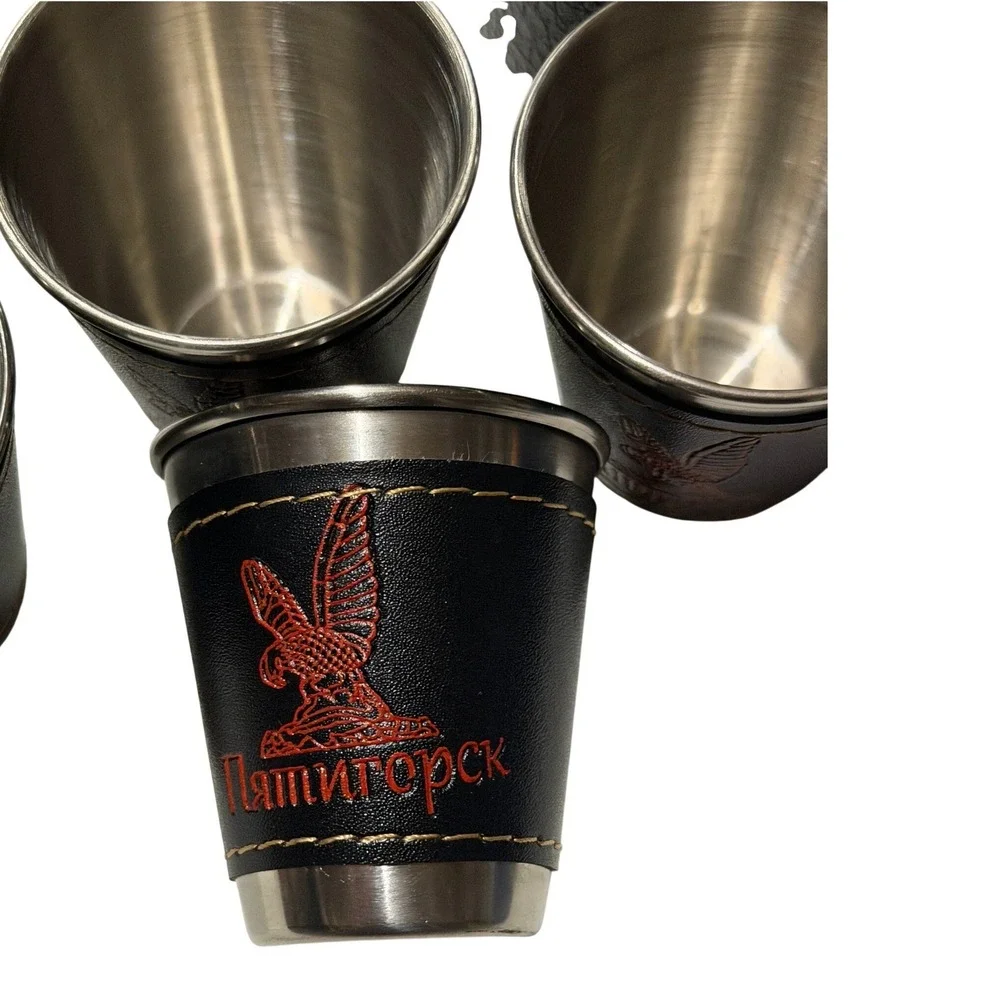 Russian Travel Shot Glass Set Black Excellent Stainless Steel 4pc